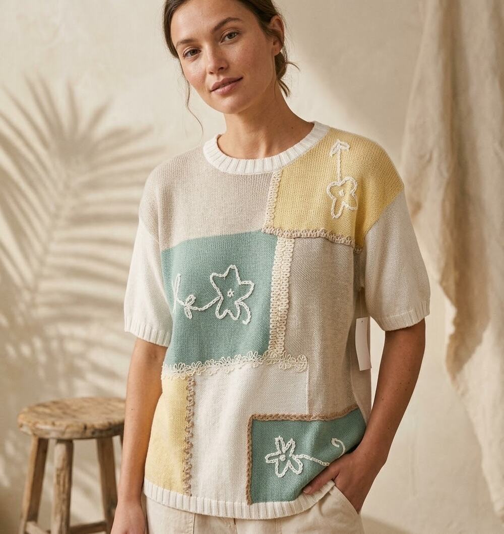 NEW VINTAGE patchwork short sleeve embroidered pullover sweater floral large 90s